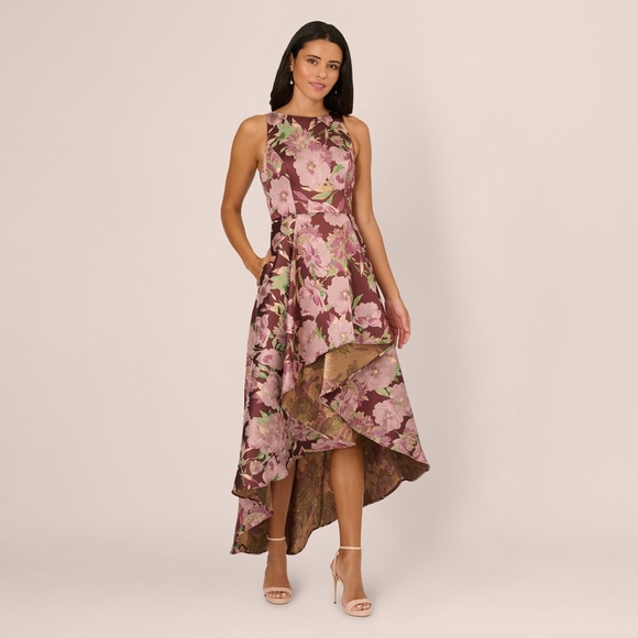 Adrianna Papell Sleeveless Floral Jacquard High Low Gown In Burgundy Multi Size - Picture 2 of 3